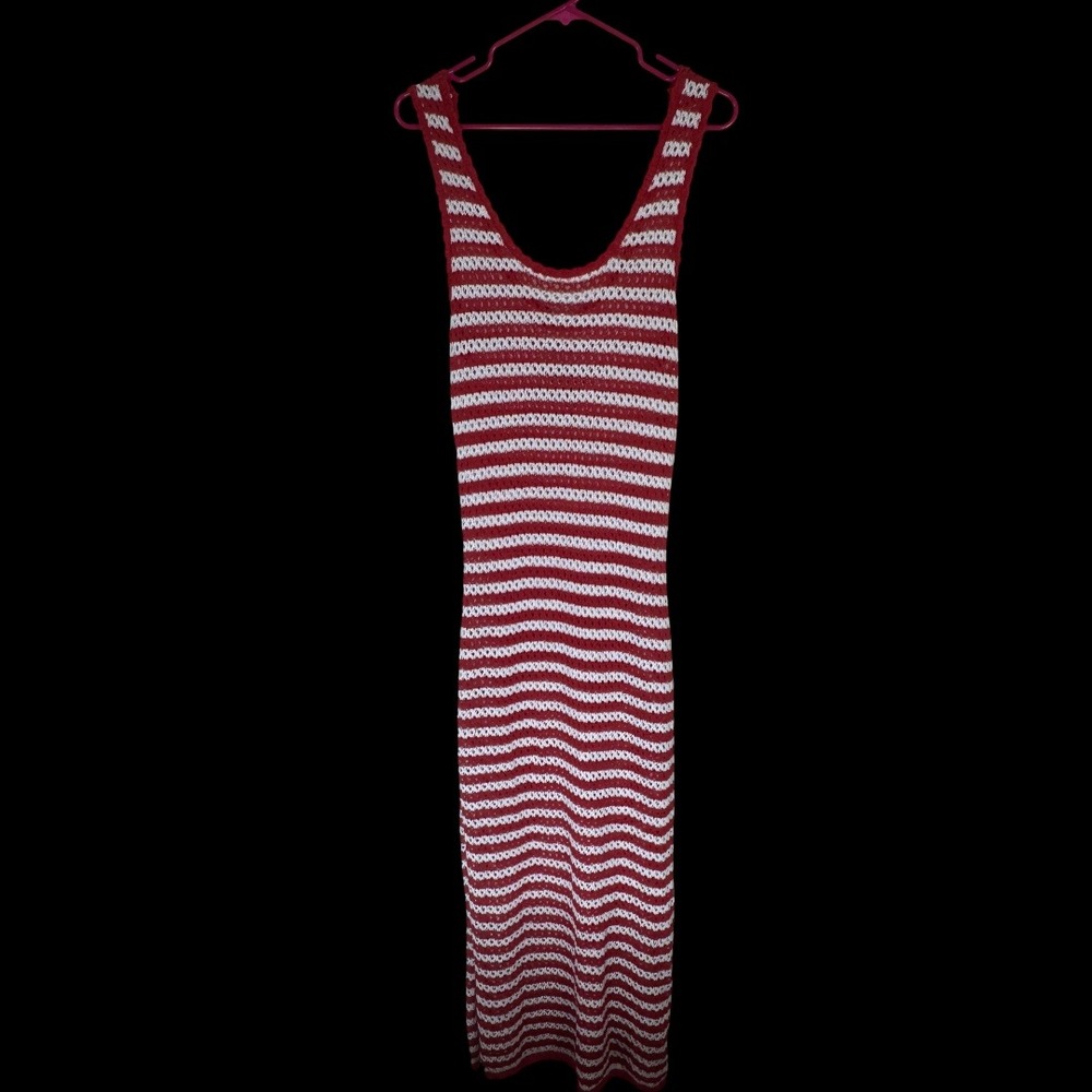 Shade & Shore Swimsuit Cover Up Women XL Red White Striped Maxi Crochet Knit NEW